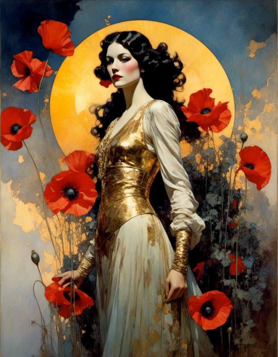 Poppy Flowers in Golden Light, Wyeth-Inspired Portrait