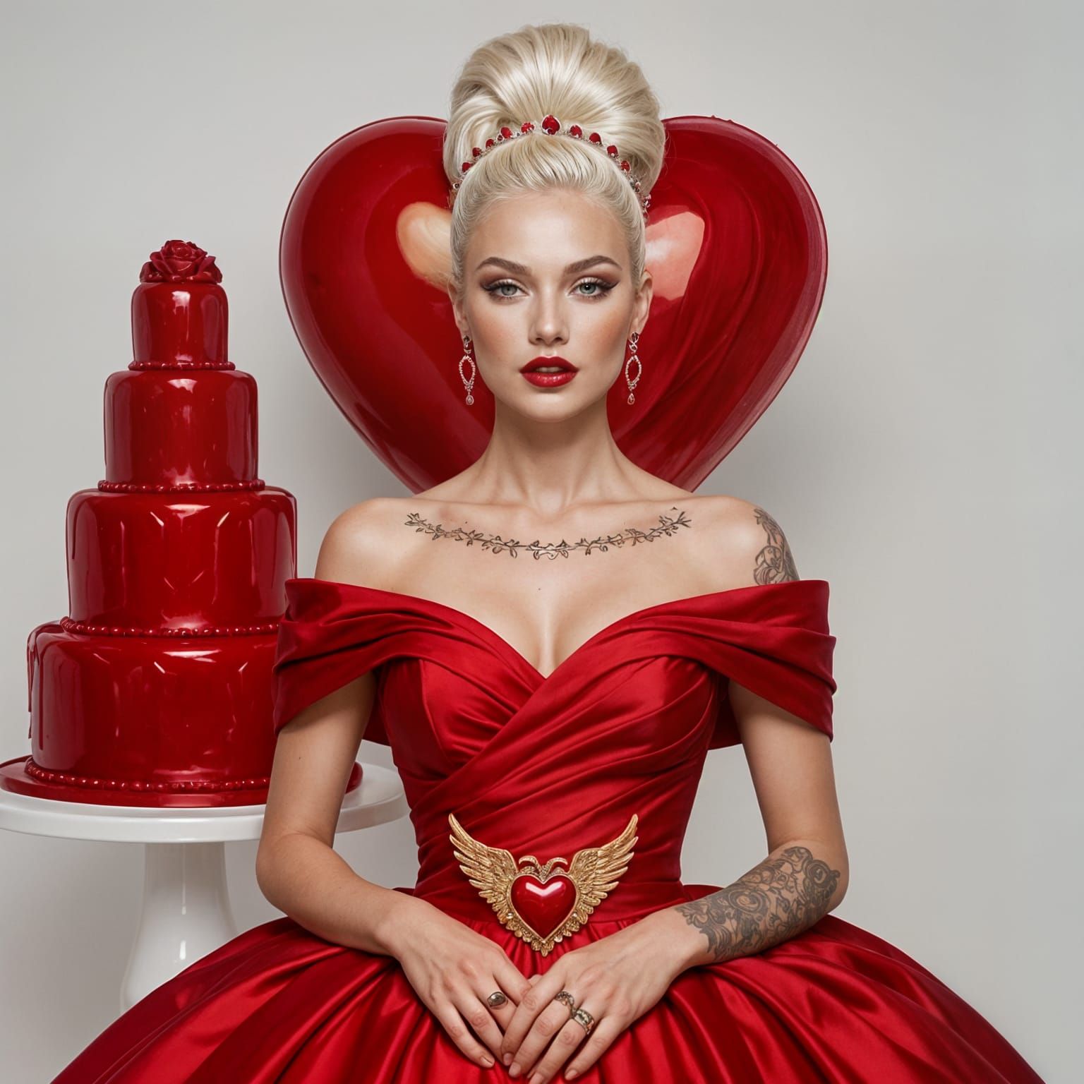 Regal Woman in Crimson Gown with Platinum Hair