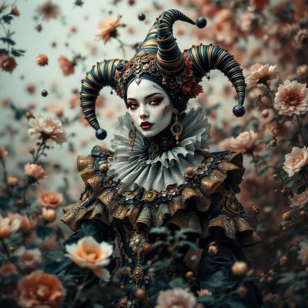 Ornate Jester in Dark Fantasy Floral Scene