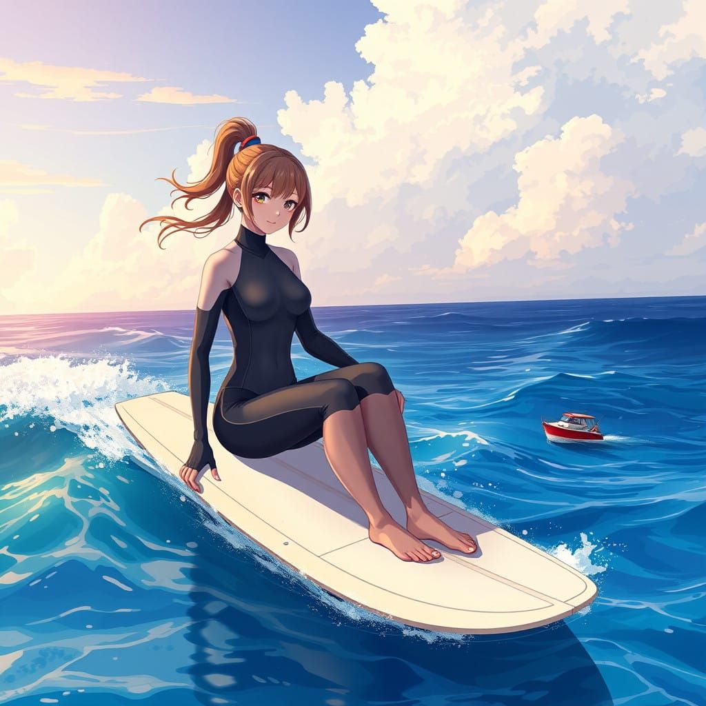 Giant Surfer Goddess on Majestic Waves, Anime Style