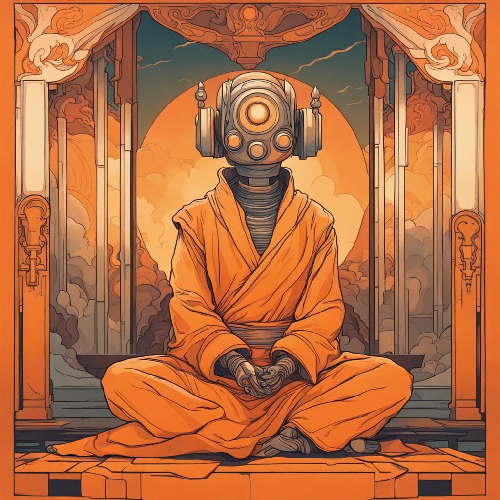 Robot Monk Meditating in Alphonse Mucha Style