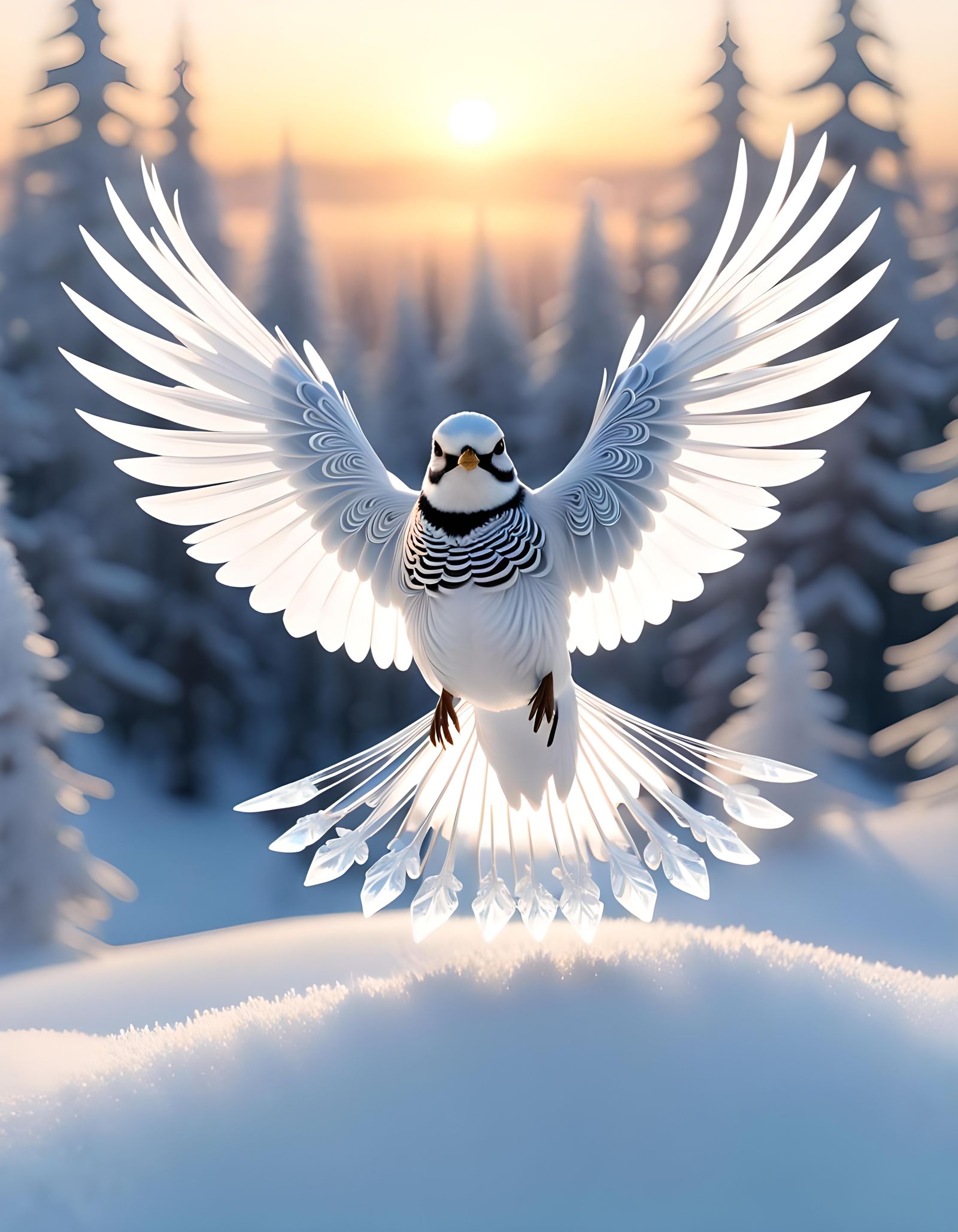 Icy Fractal Snow Sparrow Rising in Dawn Light