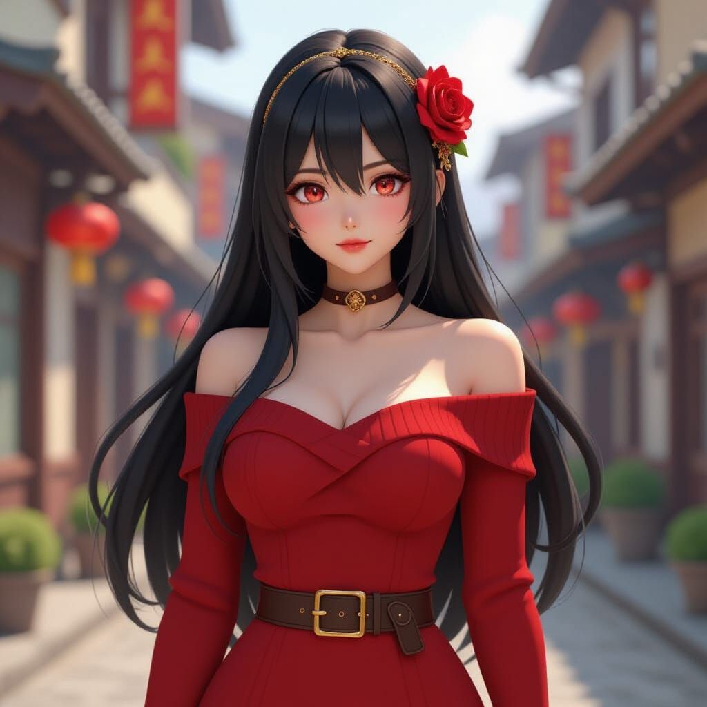Anime Assassin in Red Dress, 3D Render