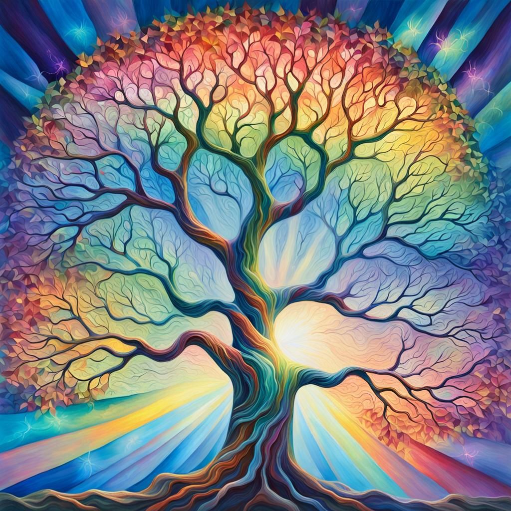 Rainbow Light Tree: Surrealist Oil Painting of Knowledge