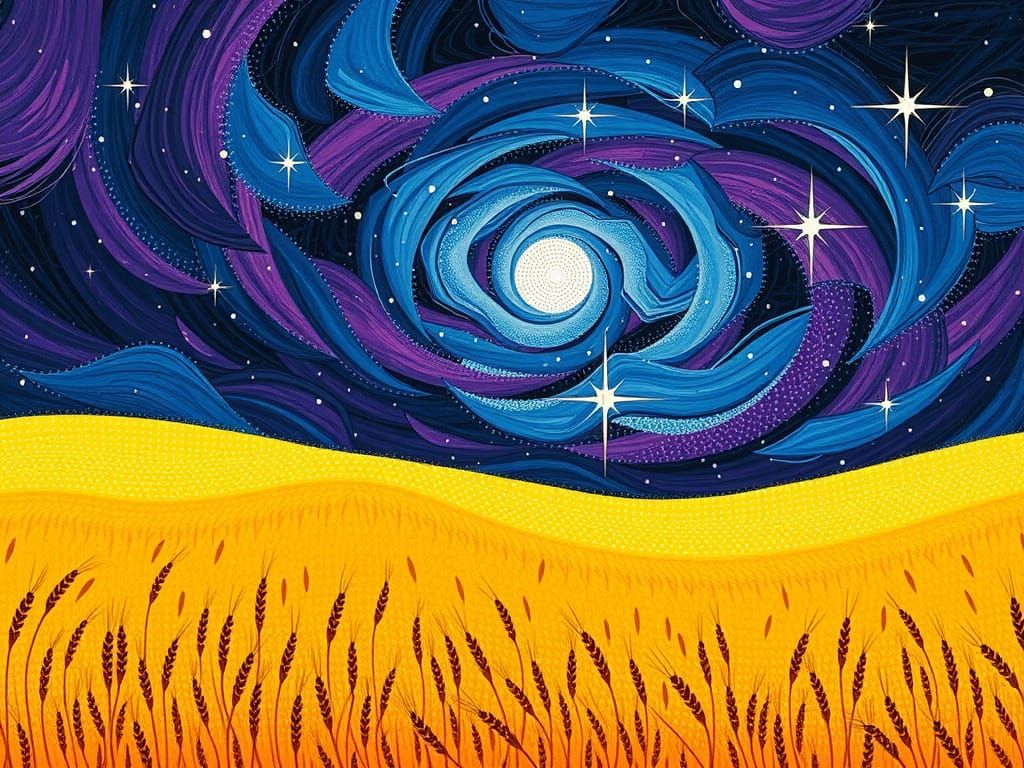 Pointillist Thunderstorm Over Wheat Field in Golden Yellows