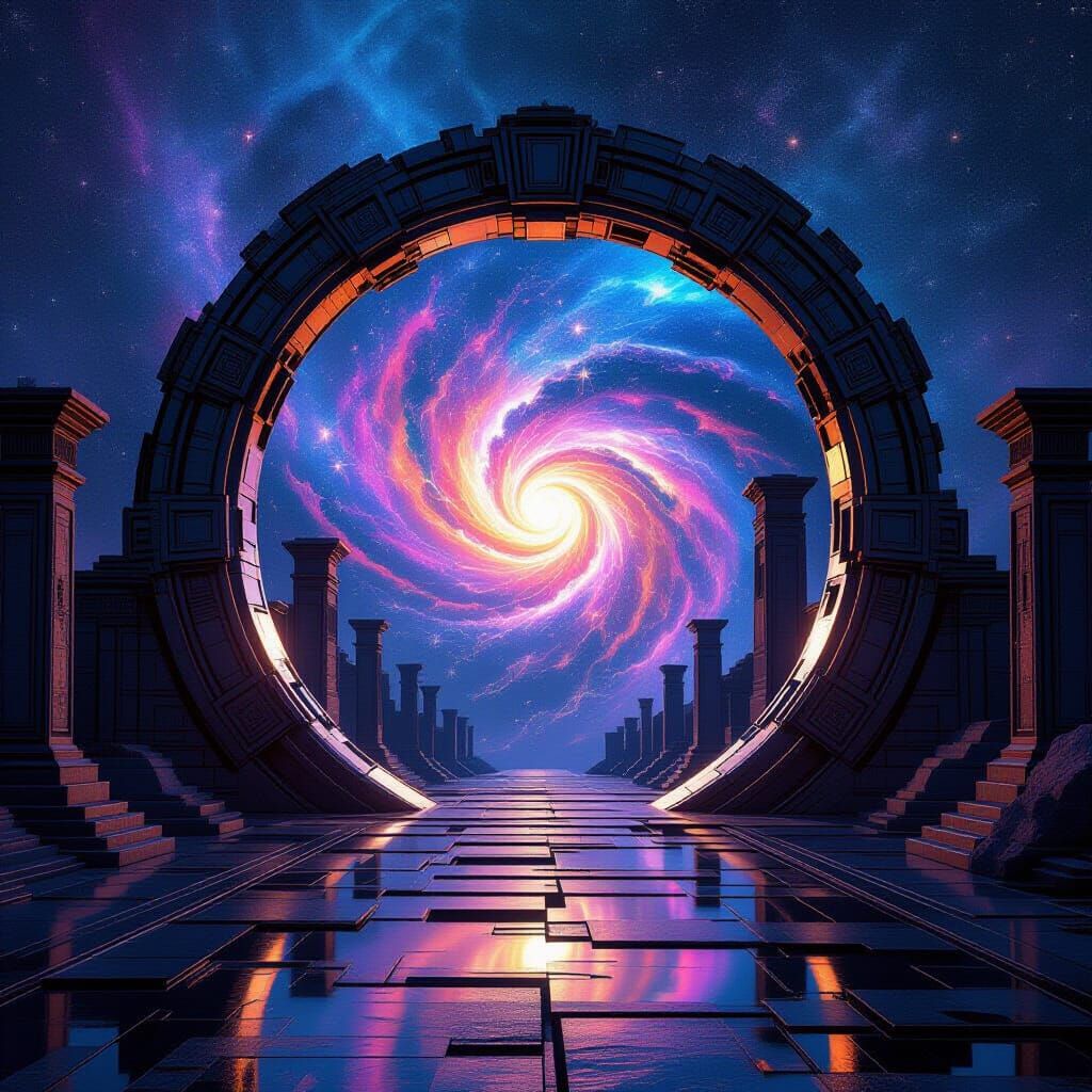 Kinetic Stargate Archway Sculpture with Galaxy Backdrop