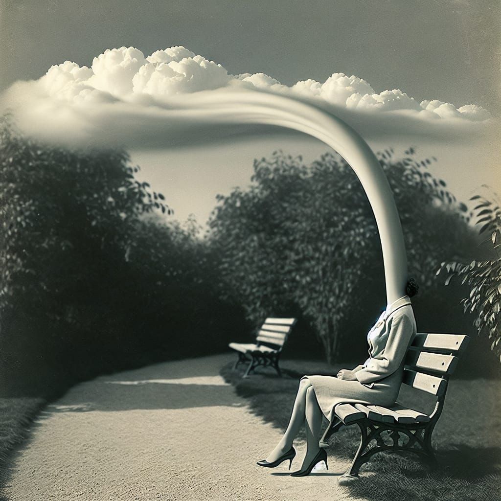 A Woman's Neck Reaches for the Sky in a Surrealistic Scene