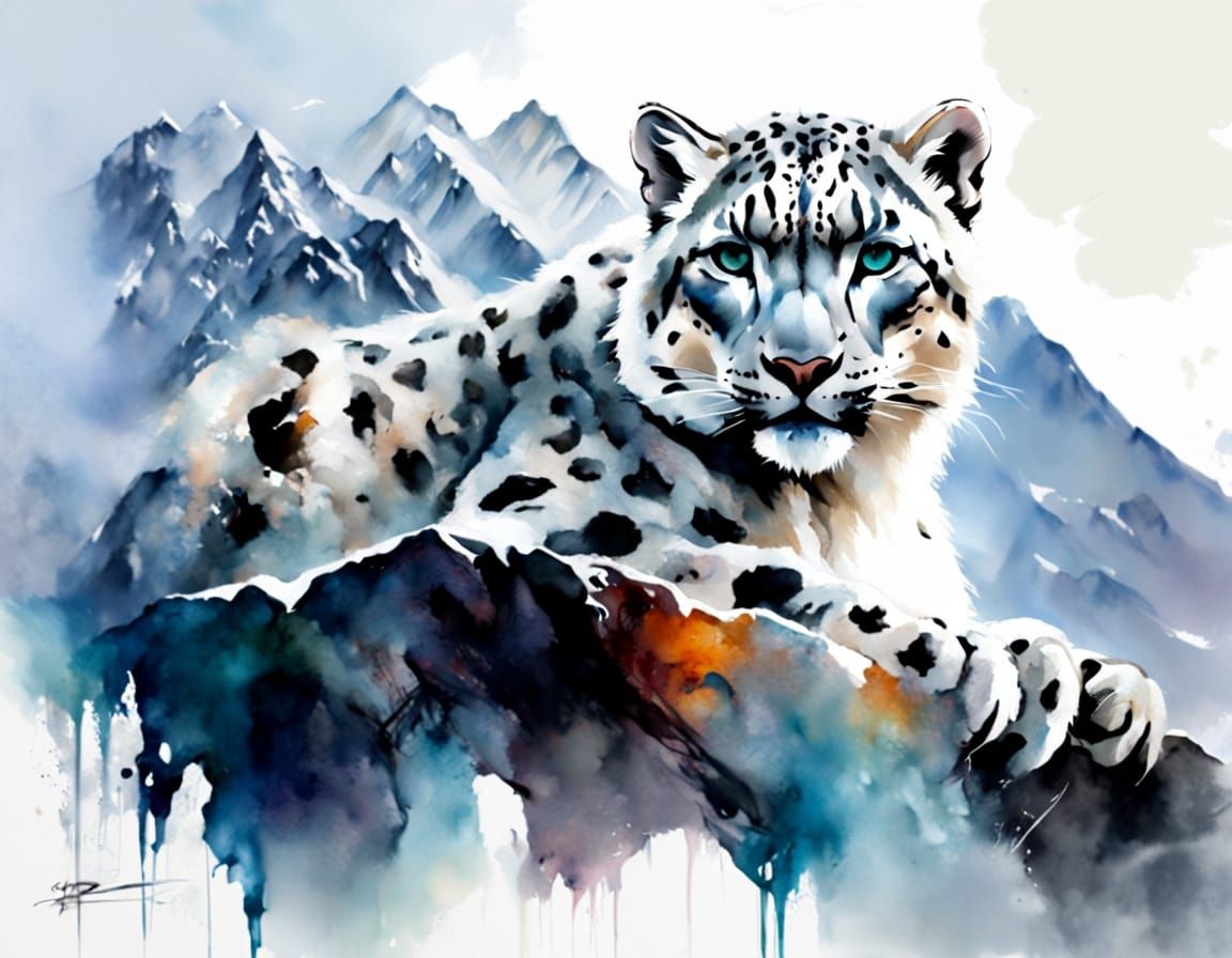 Snow Leopard Resting Above Icy Peaks in Watercolour Style