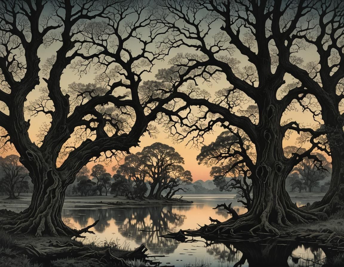 Dramatic Lake Scene at Dusk with Entwined Oak Trees in Intri...