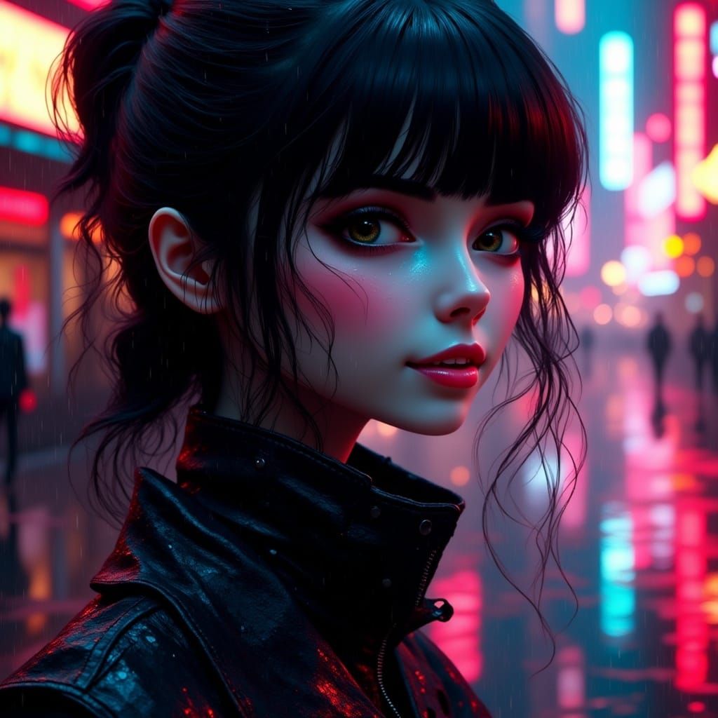 Cyberpunk Heroine in Rainy City