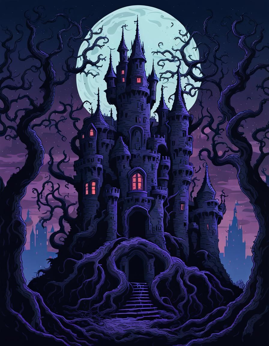 Pixel Art Castle in Twisted Forest: Art Brut Style