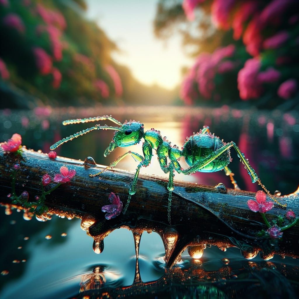 Glass Ant on River Twig at Golden Hour