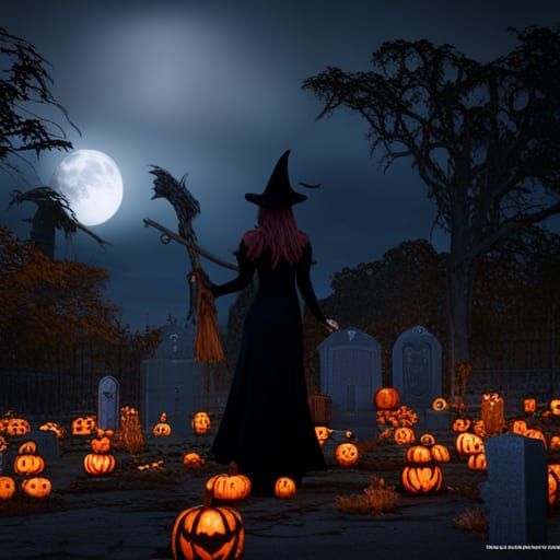 Fantasy Witch in Pumpkin Cemetery at Night