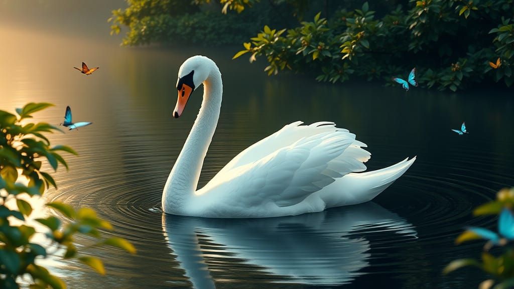 Ethereal Swan Soars Across Serene Lake in Dreamlike Landscap...