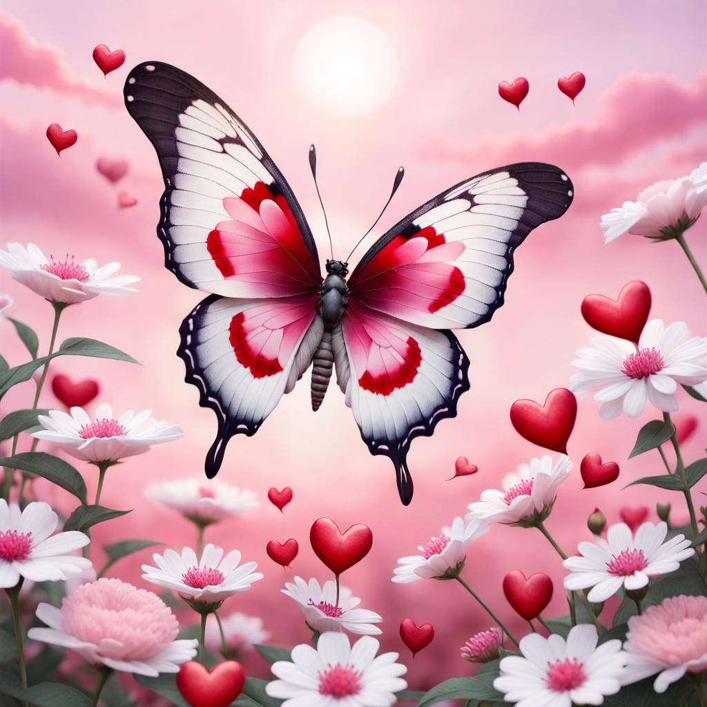 Butterfly with Heart Adorned Wings in Romantic Scene