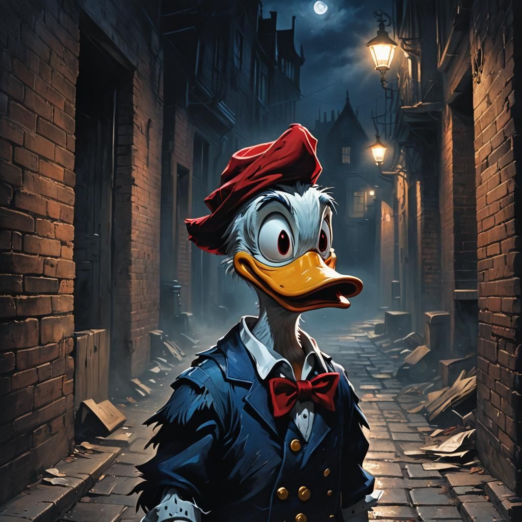 Eerie Donald Duck in Dark Fantasy Alleyway