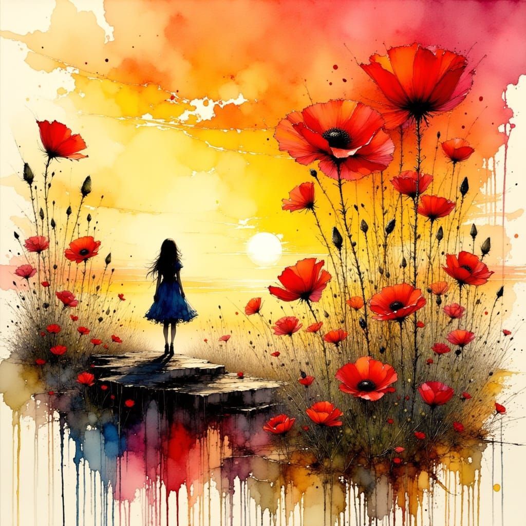 Poppies at Sunset: Ink and Watercolor Landscape