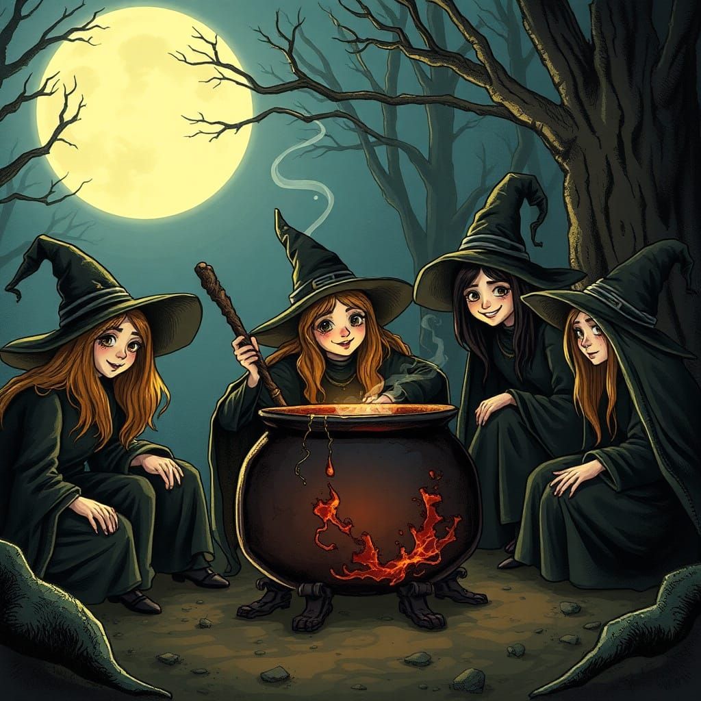 Witches Coven Brews Magic Potion in Moonlit Forest