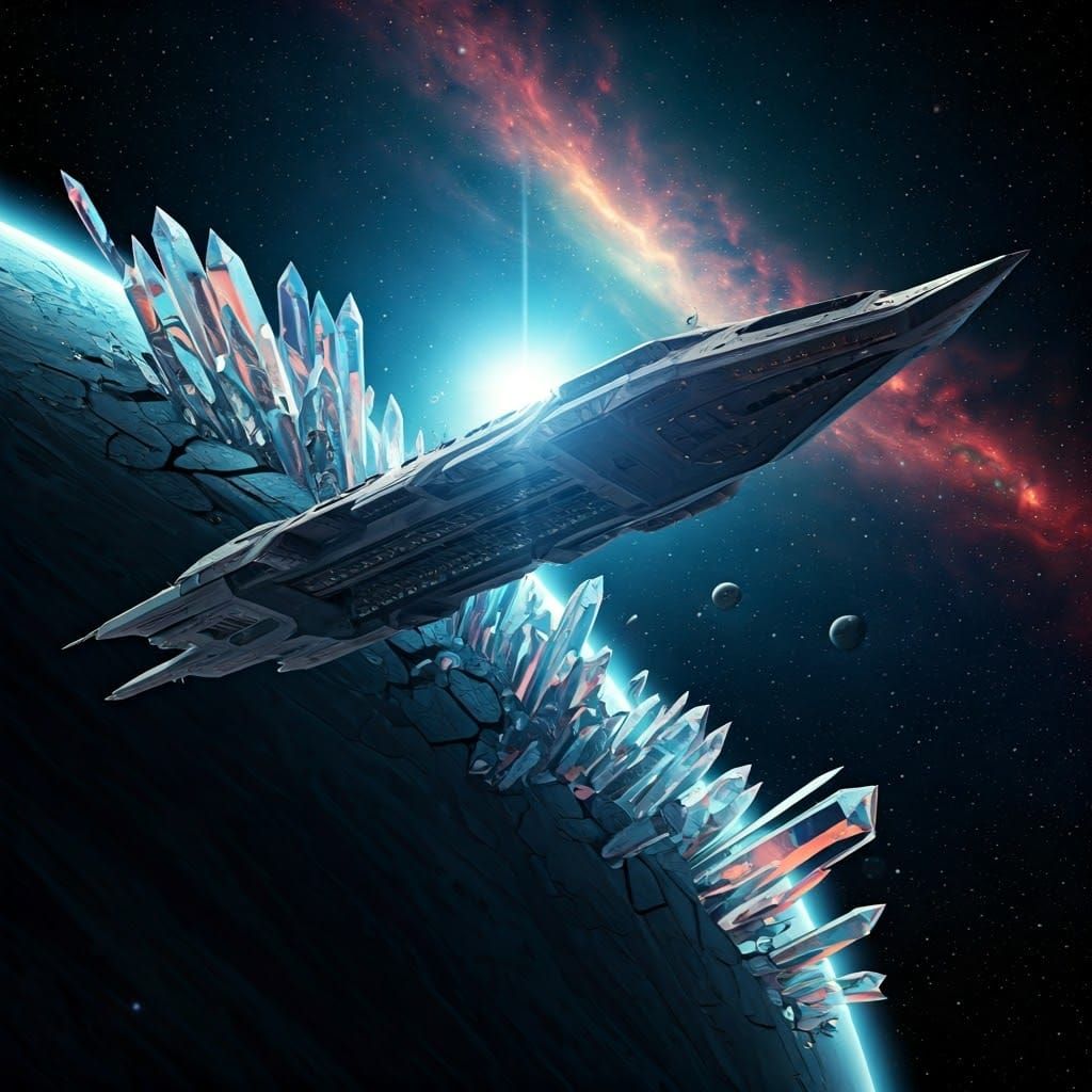 Majestic Spacecraft Navigates Shattered Crystal Planet