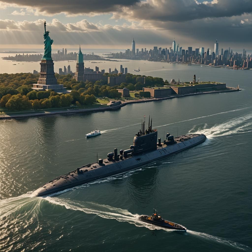 Russian Submarine Surfacing near Statue of Liberty