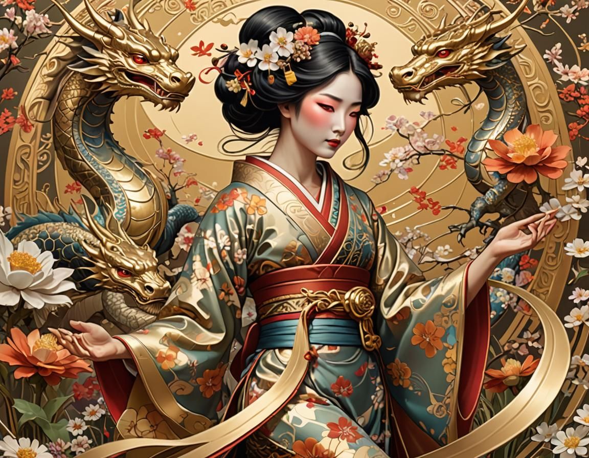 Geisha Dances in Flower Meadow, Art Nouveau Style