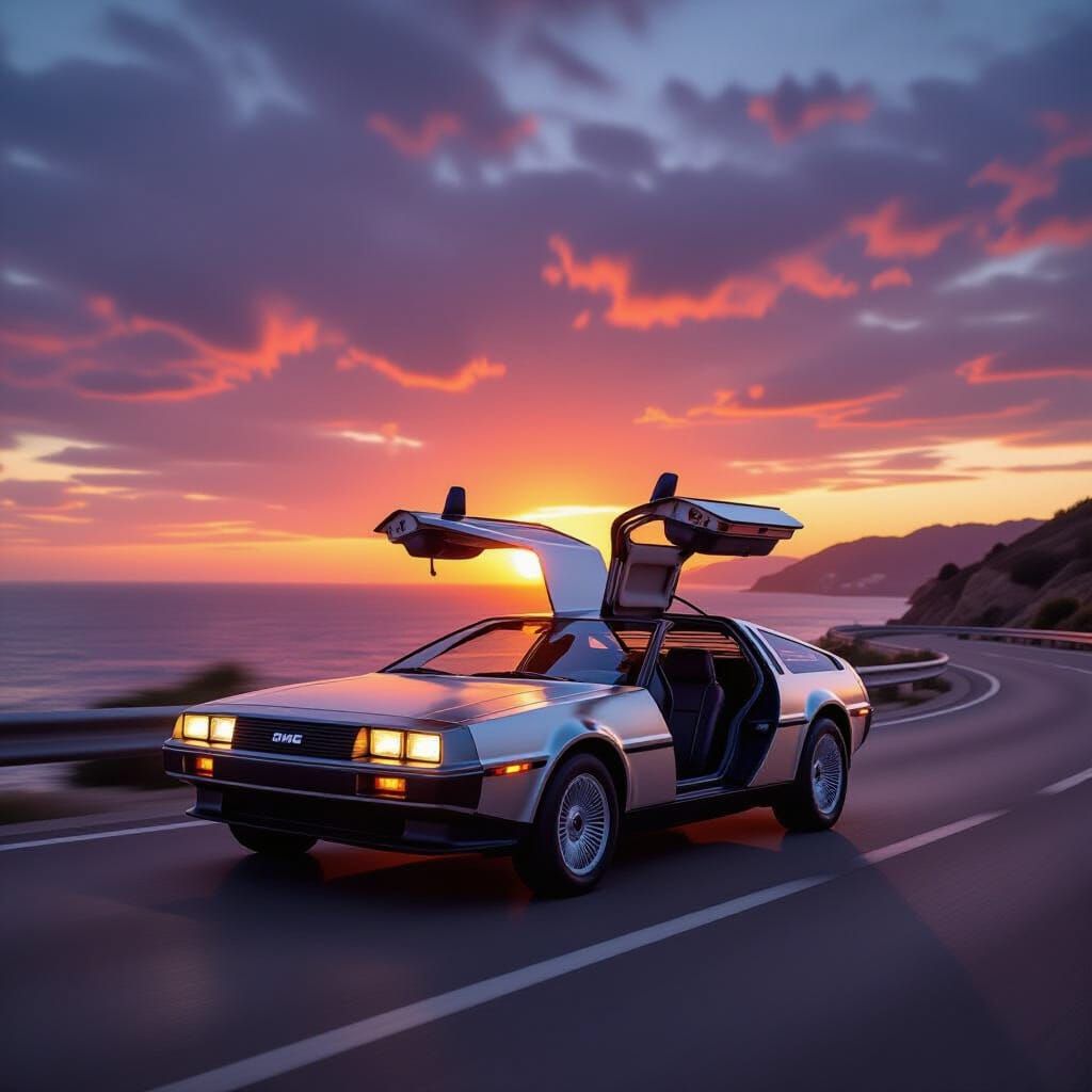 DeLorean on Coastal Highway at Sunset: Neo-Impressionist Sty...
