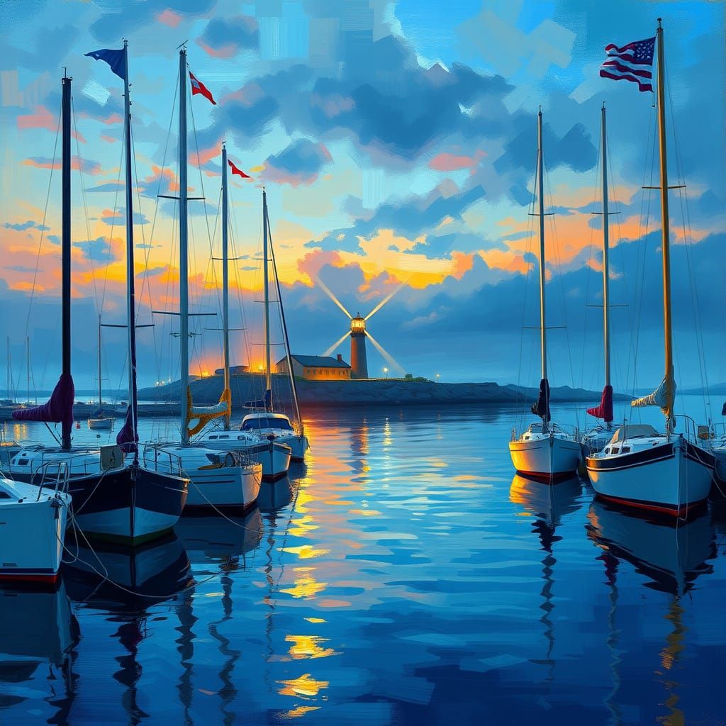 Serene Harbour at Dusk Impressionistic Oil Painting