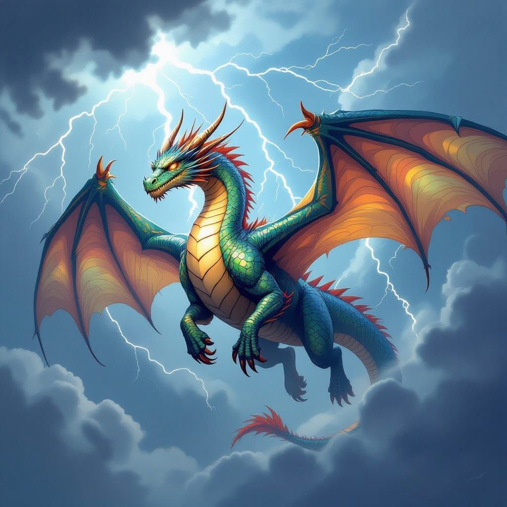 Iridescent Dragon Soaring Through Stormy Skies