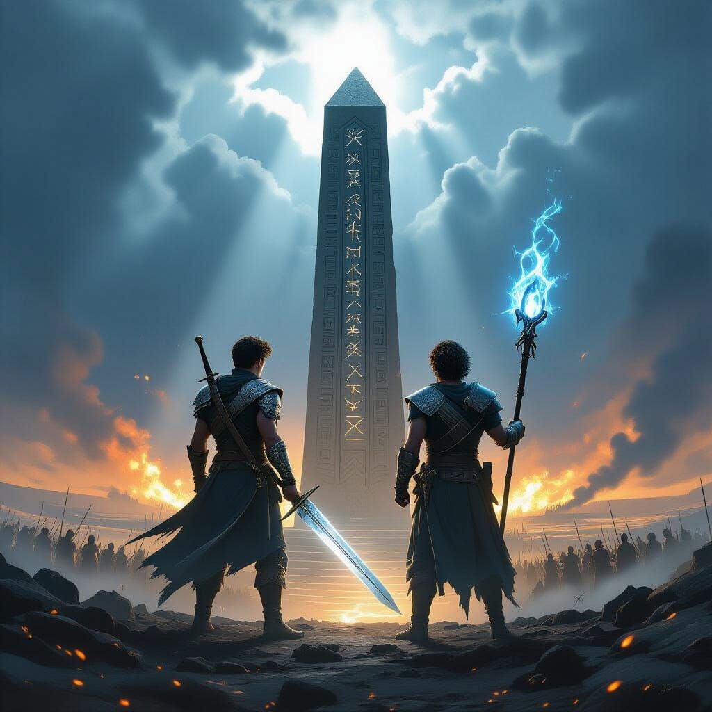Epic Fantasy Warriors on Battlefield Obelisk