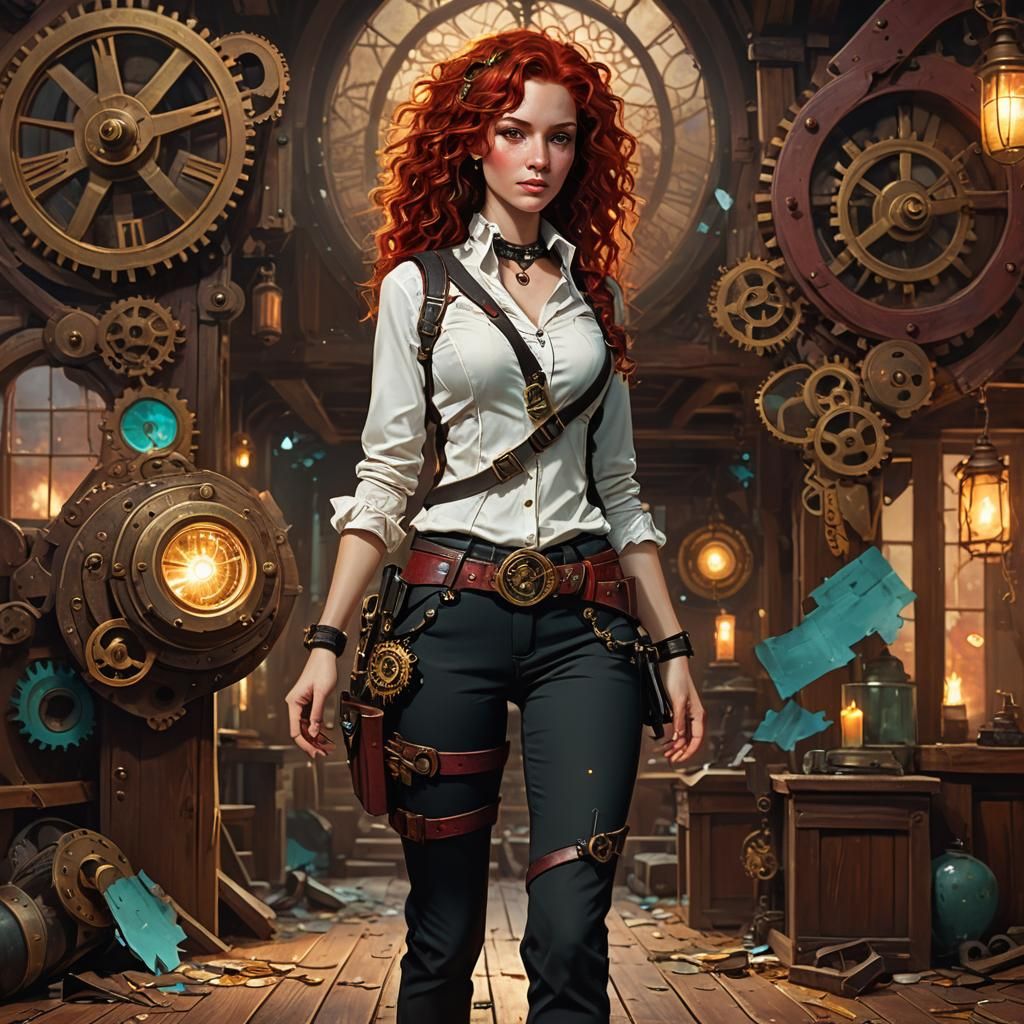 Steampunk Adventurer in an Apothecary, Digital Art