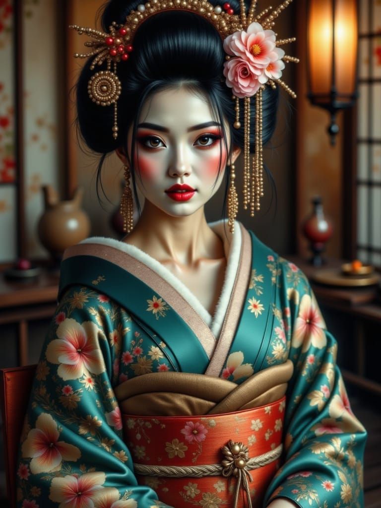 a geisha in traditional Japanese attire, deep teal silk kimo...
