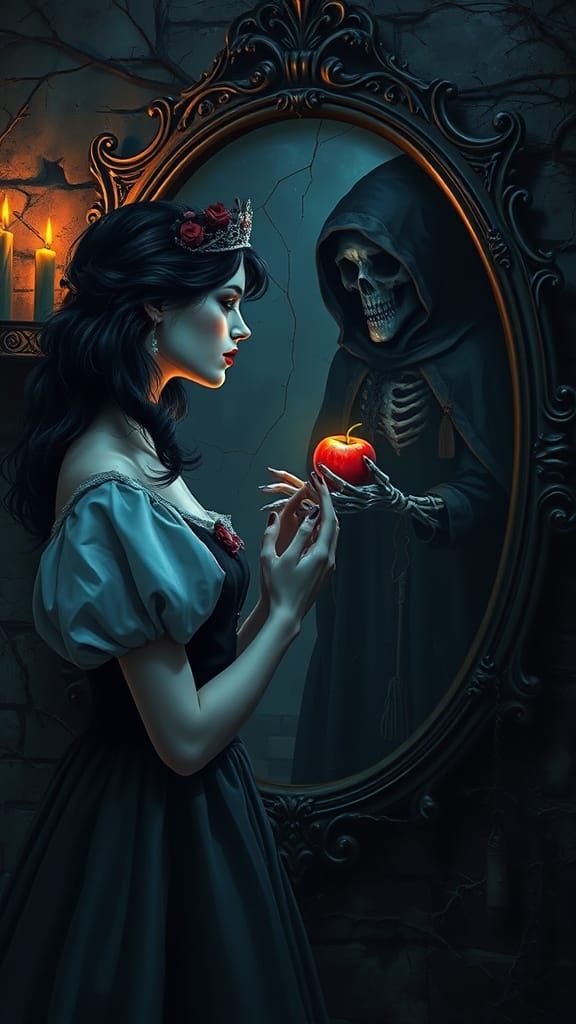 Snow White Stares into a Haunting, Gothic Mirror