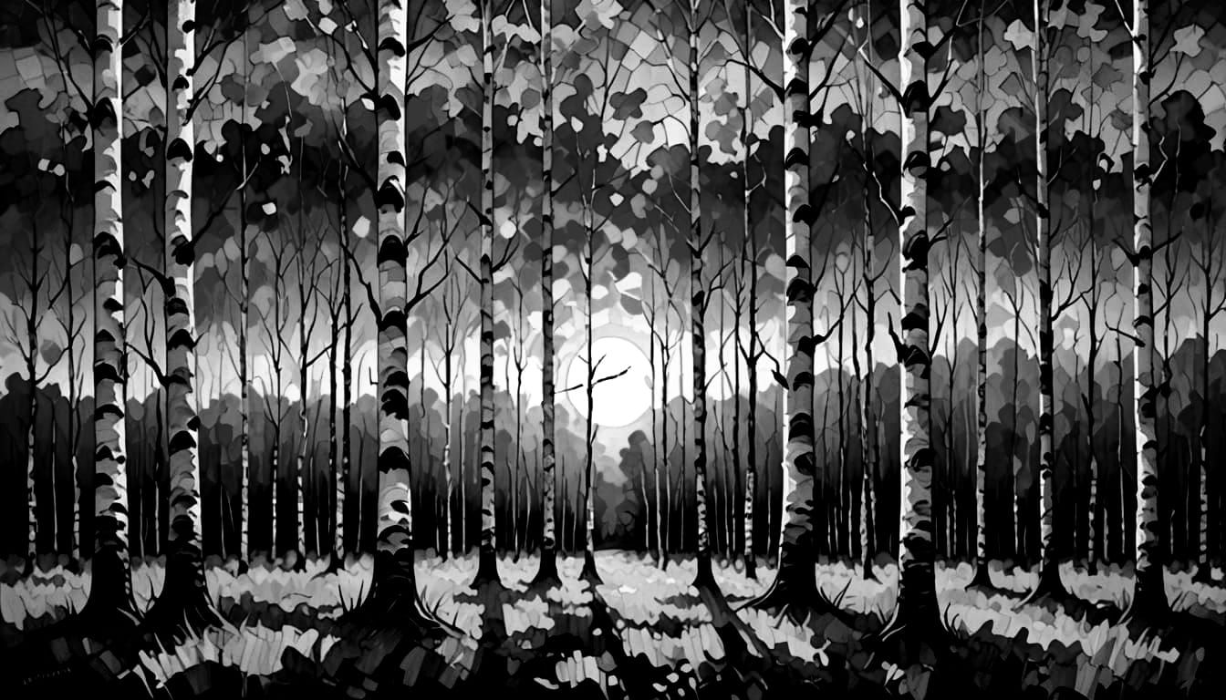 Surreal Sunset Impressionism in a Birch Forest