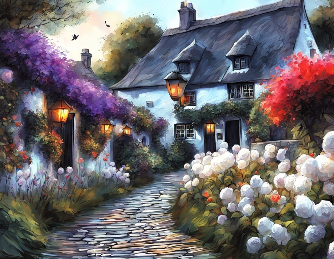 Magical Glowing Garden at Night in Purple & Red Hues