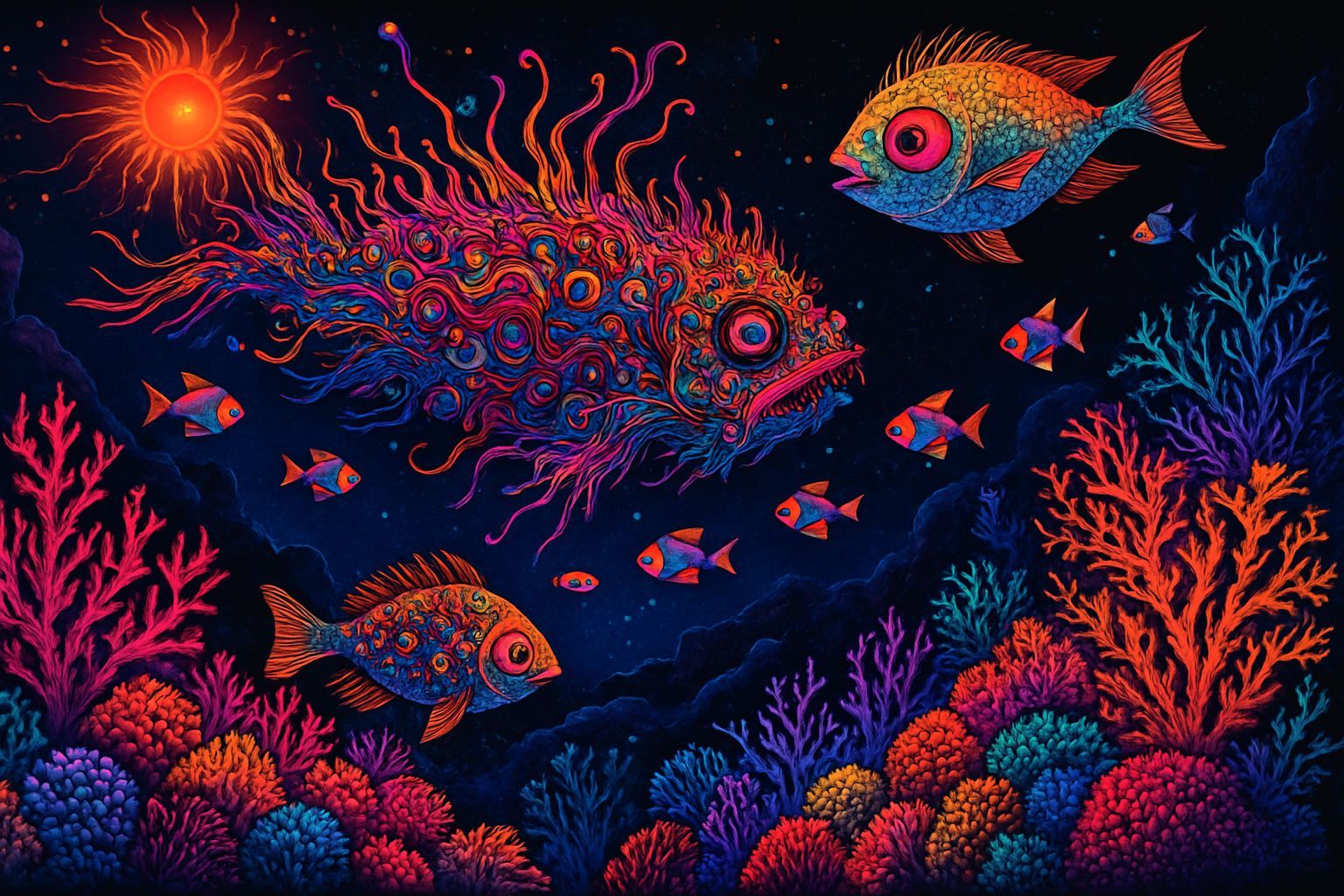 Psychedelic Coral Reef with Mutated Neon Fish
