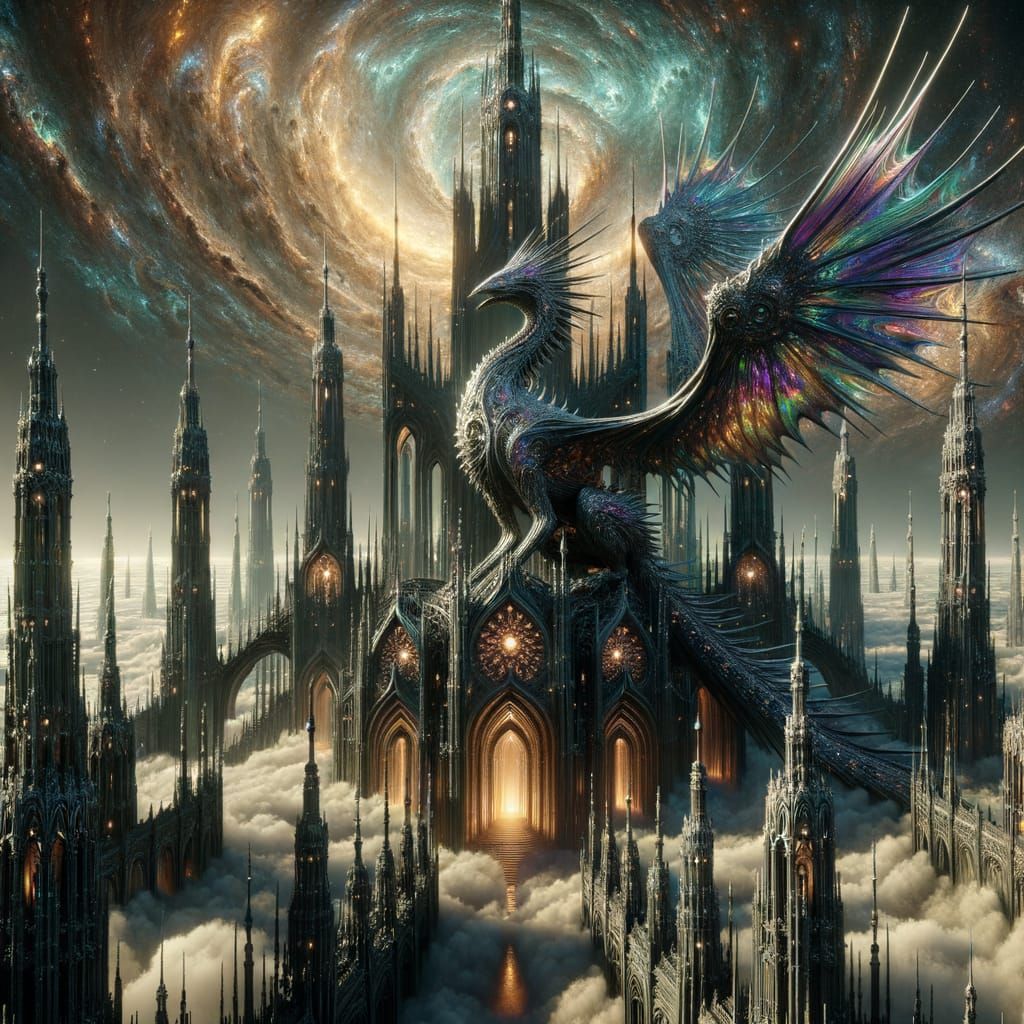 Futuristic Gothic Cathedral with Dragon-Bird, Symbolist Art