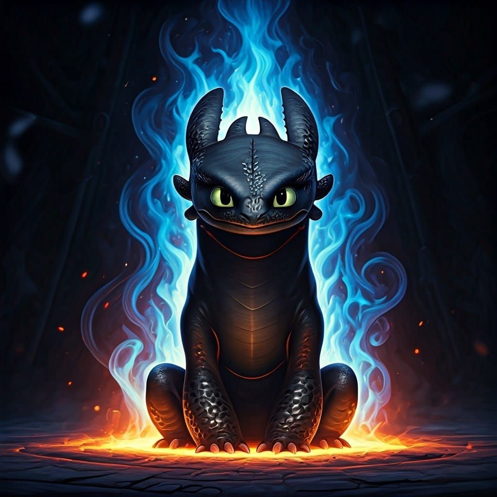 Night Fury Dragon Illuminated by Flaming Blue Fire