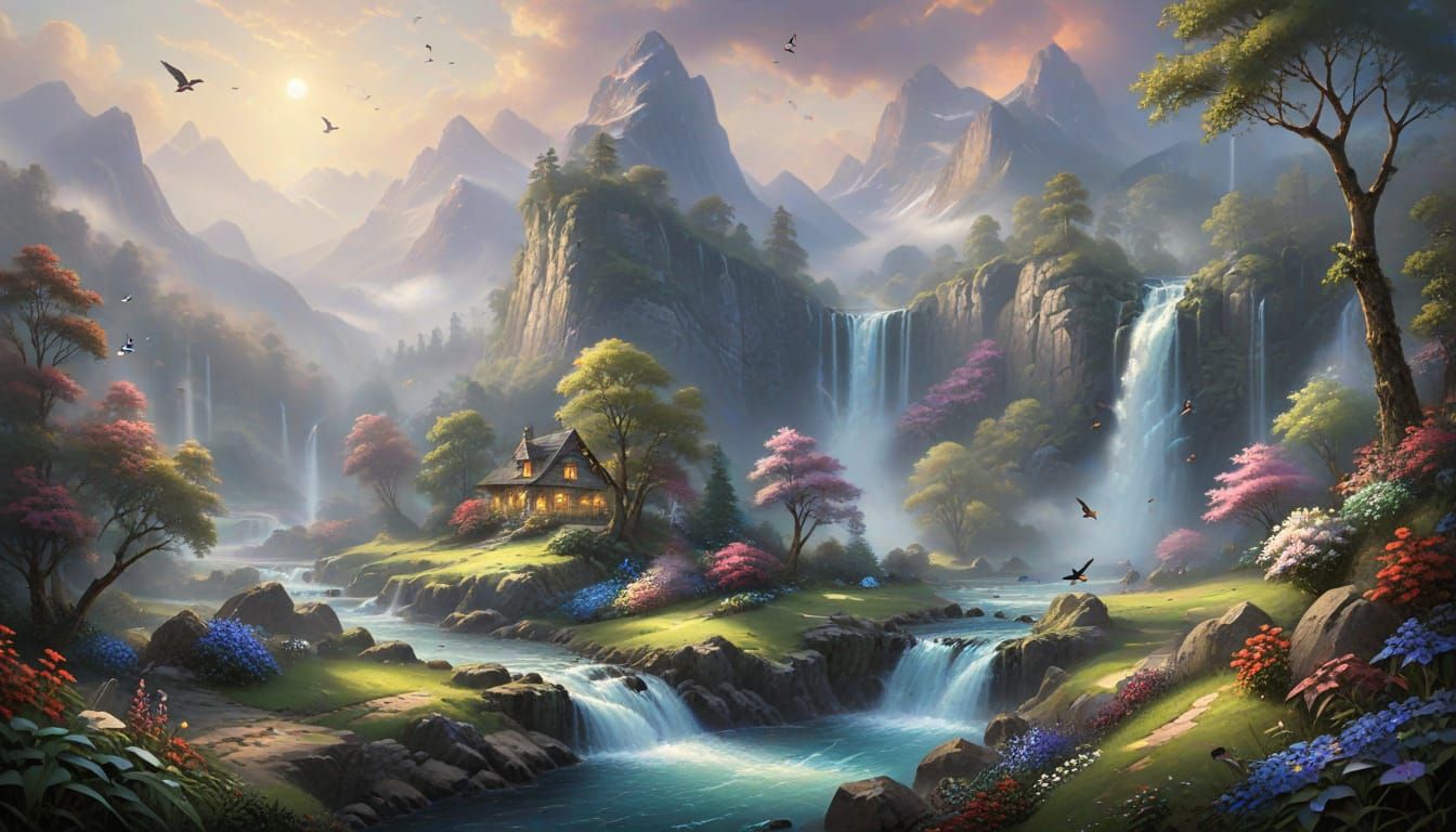 Ethereal Mountain Landscape with Flying Flowers
