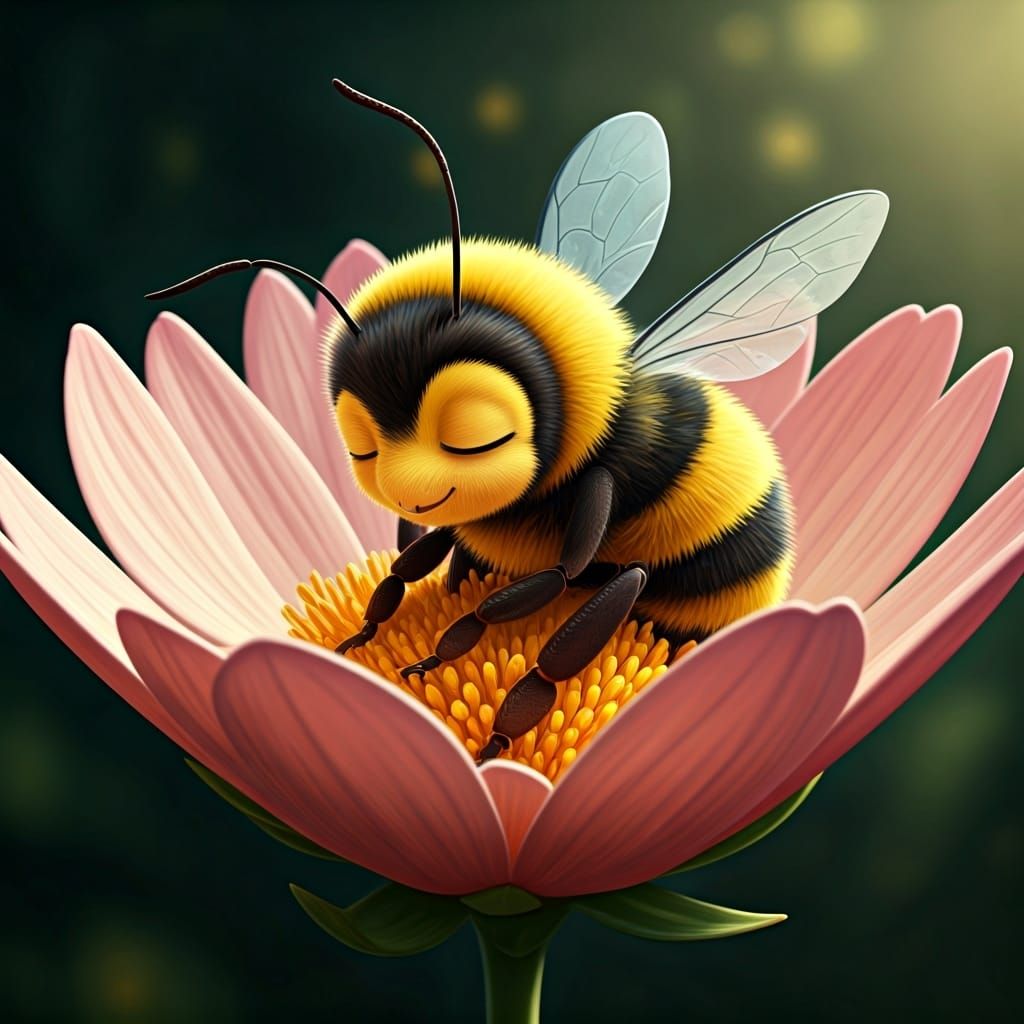 Cartoon Bumblebee Sleeping Peacefully in Flower