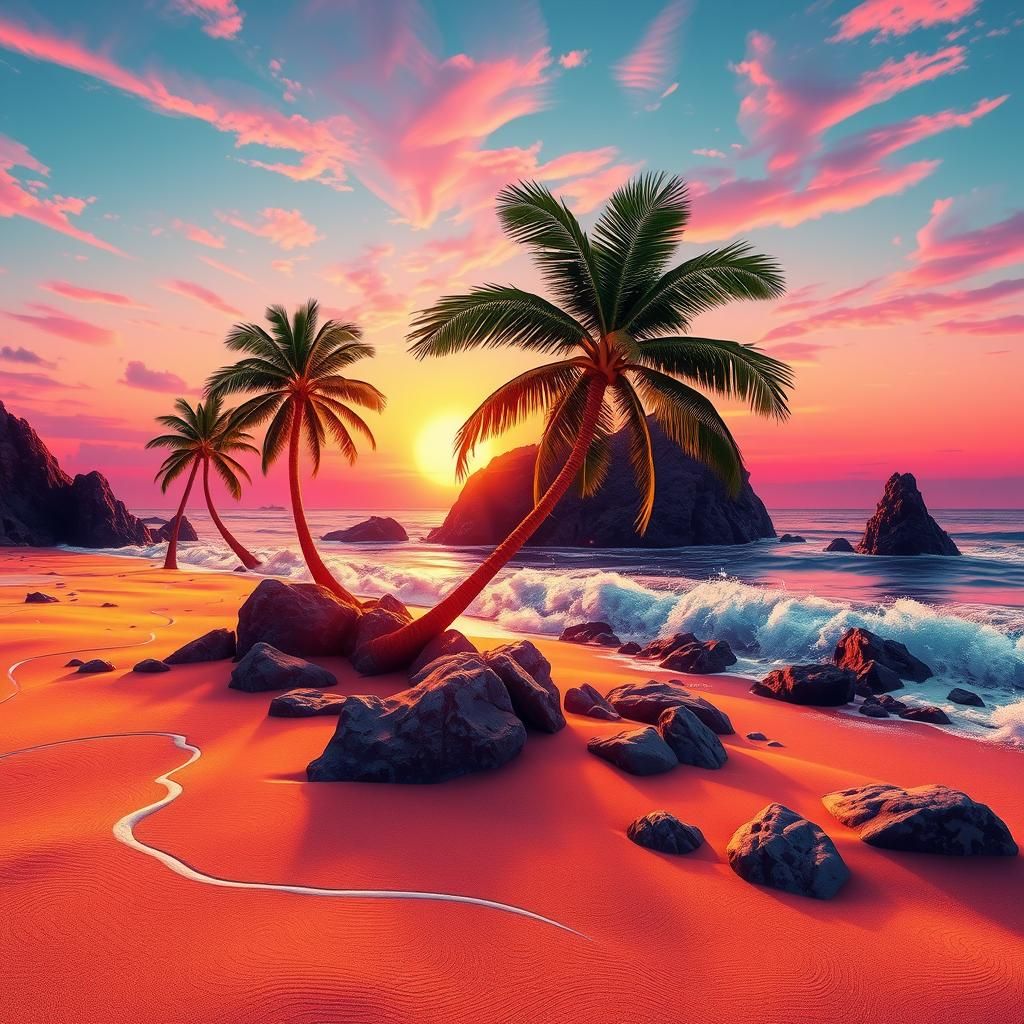 Fractal Landscape with Glowing Palms at Sunrise
