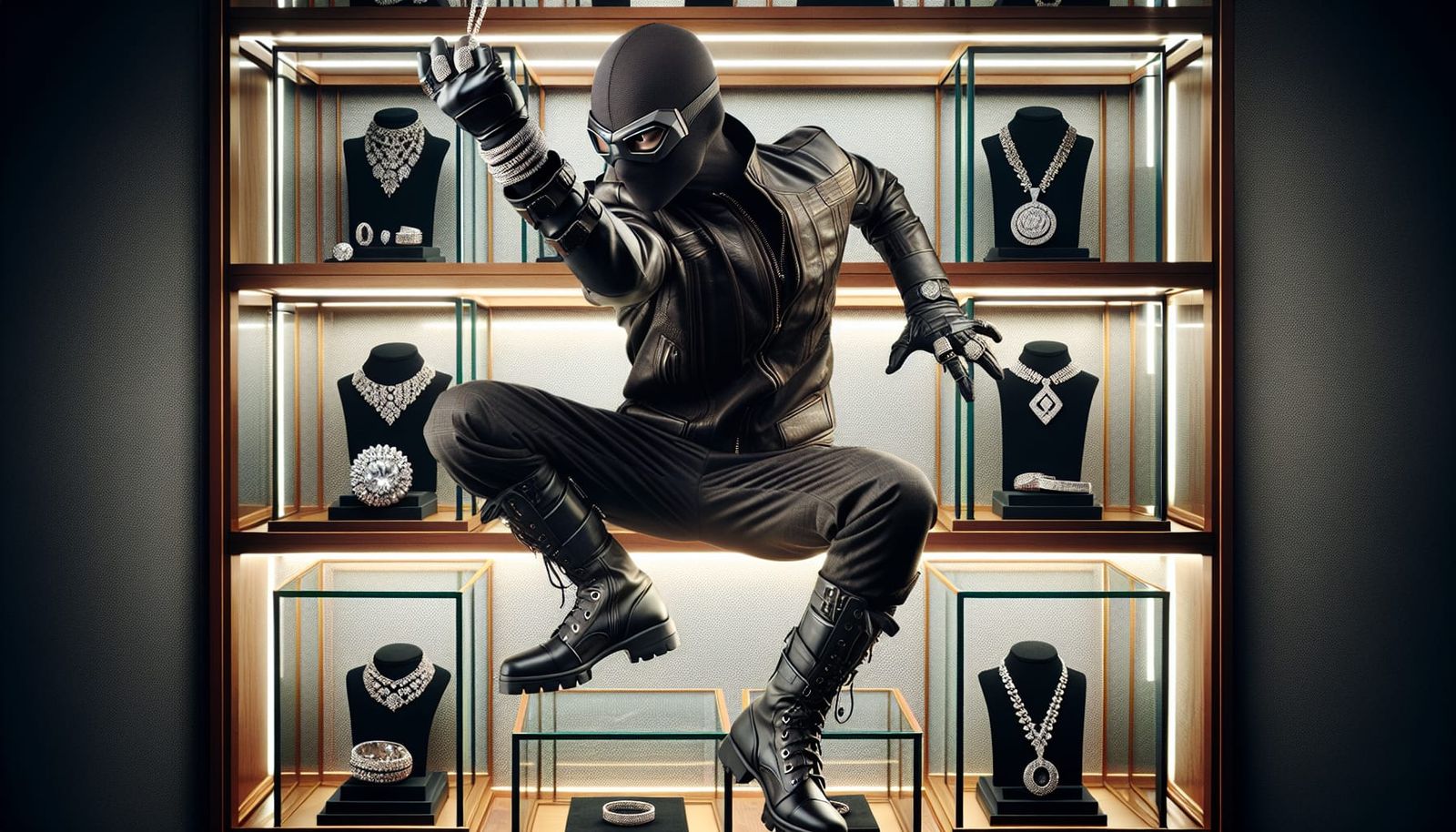 Stealthy Thief in Leather Outfit Adorns Herself with Stolen ...