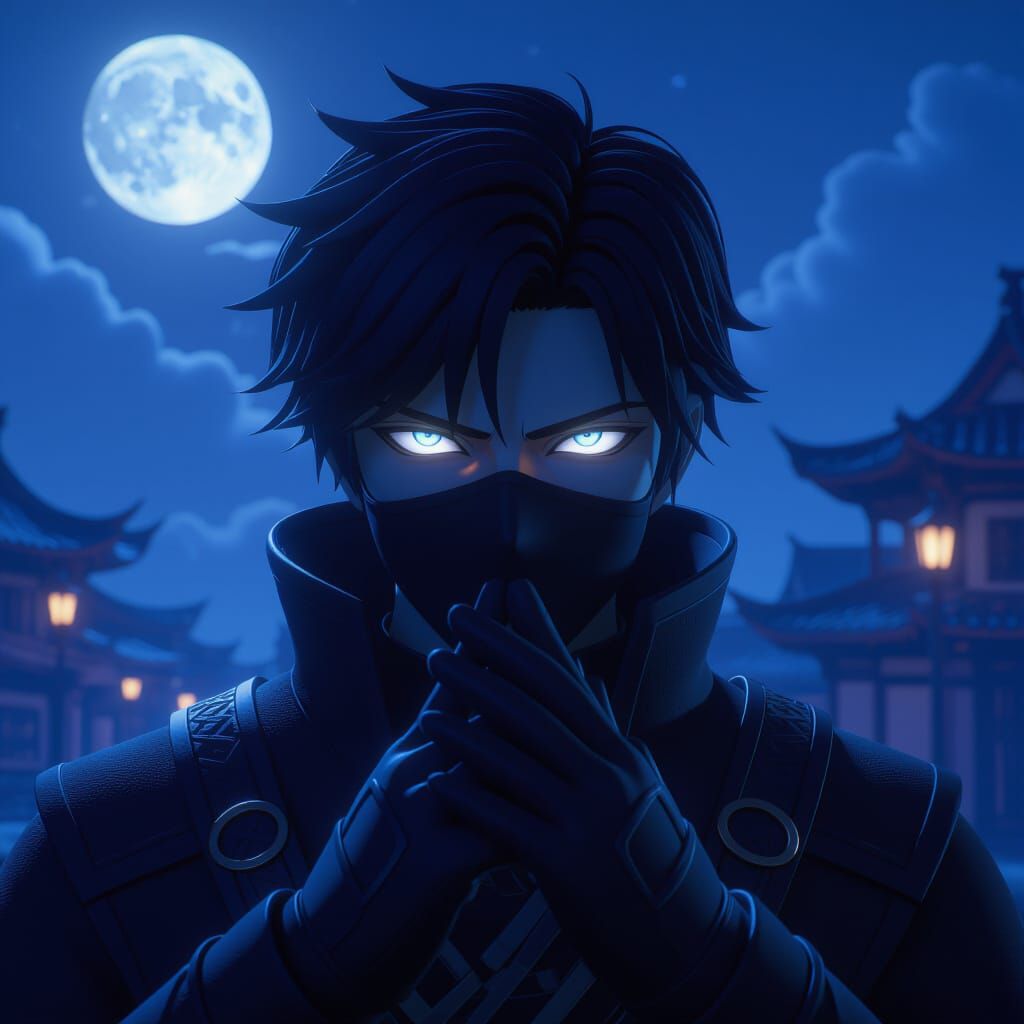 Mysterious Masked Man Reveals Glowing Eyes in 3D Anime Style
