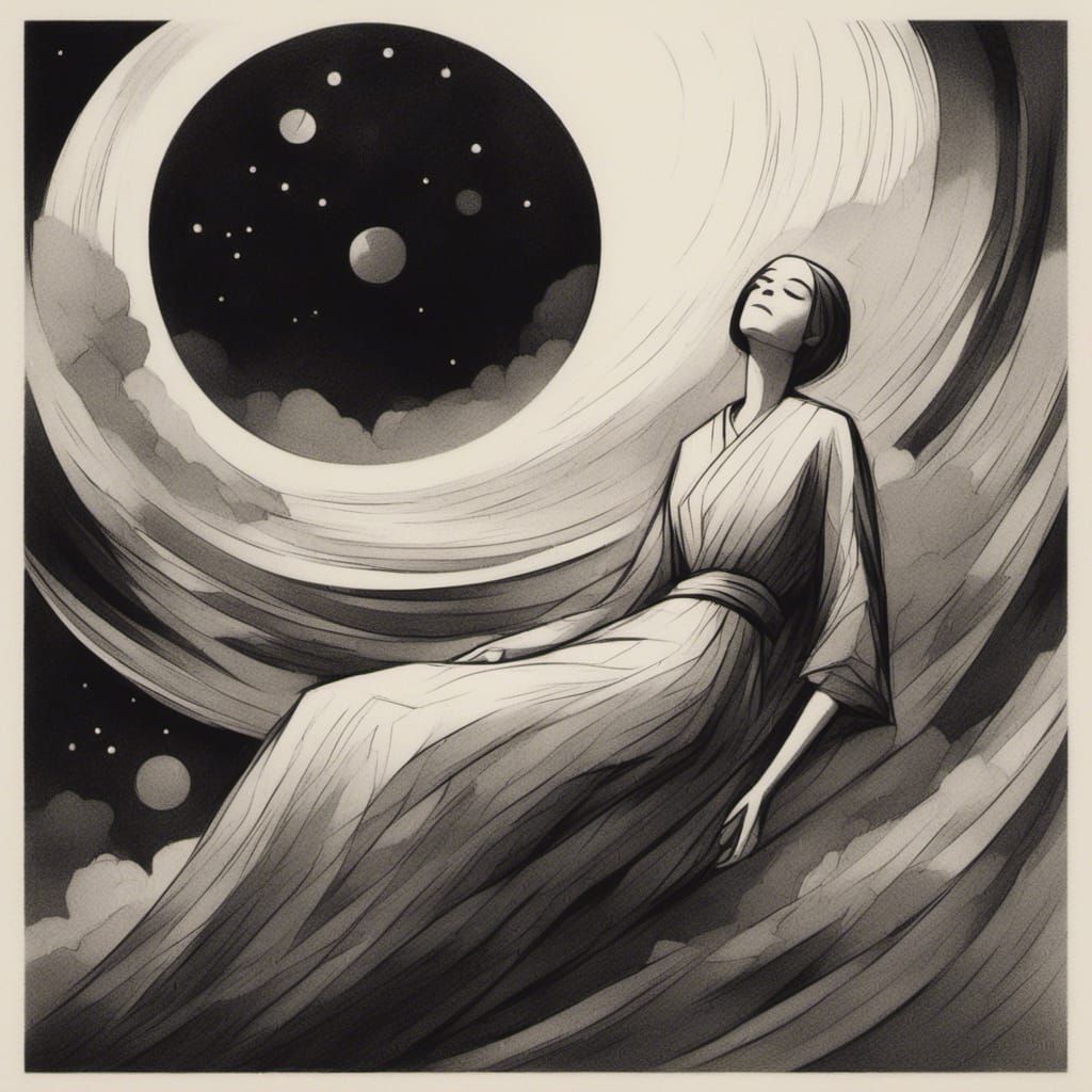 Woman in Robe Sleeping in Cosmic Dreamscape