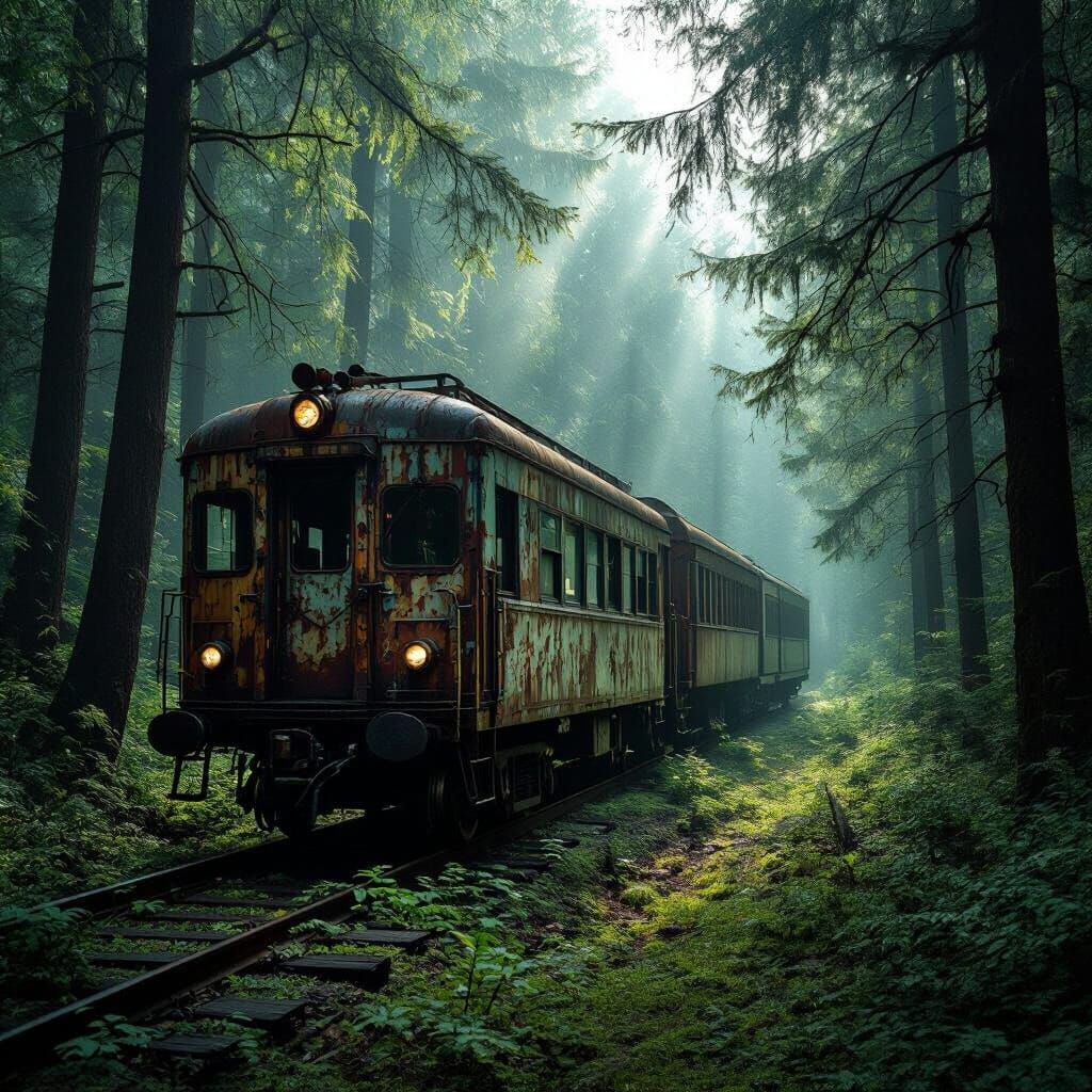 Abandoned Train Car in Ancient Forest, Hyper-Realistic