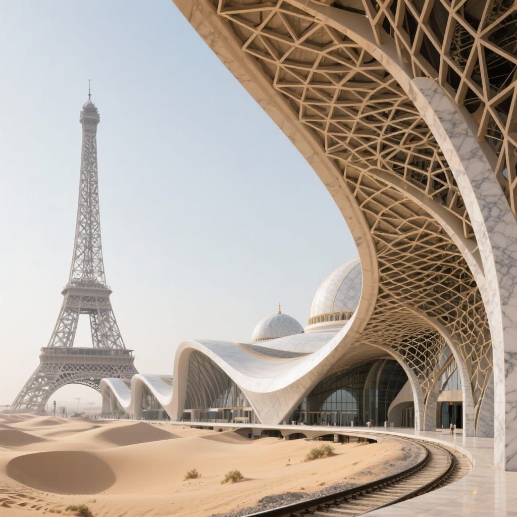 Futuristic Desert Station: Eiffel & Taj Mahal Fusion