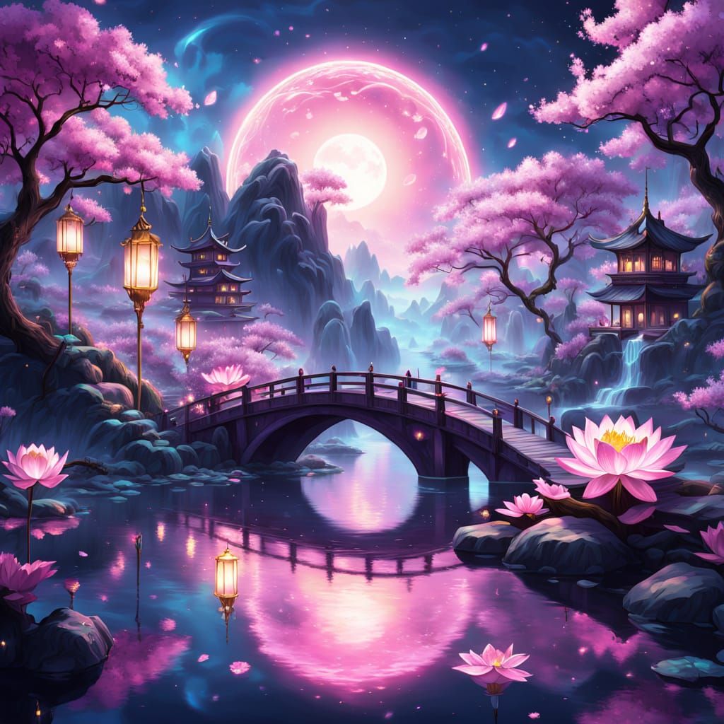 Glowing Crystal Lotus Garden Under Starlit Sky