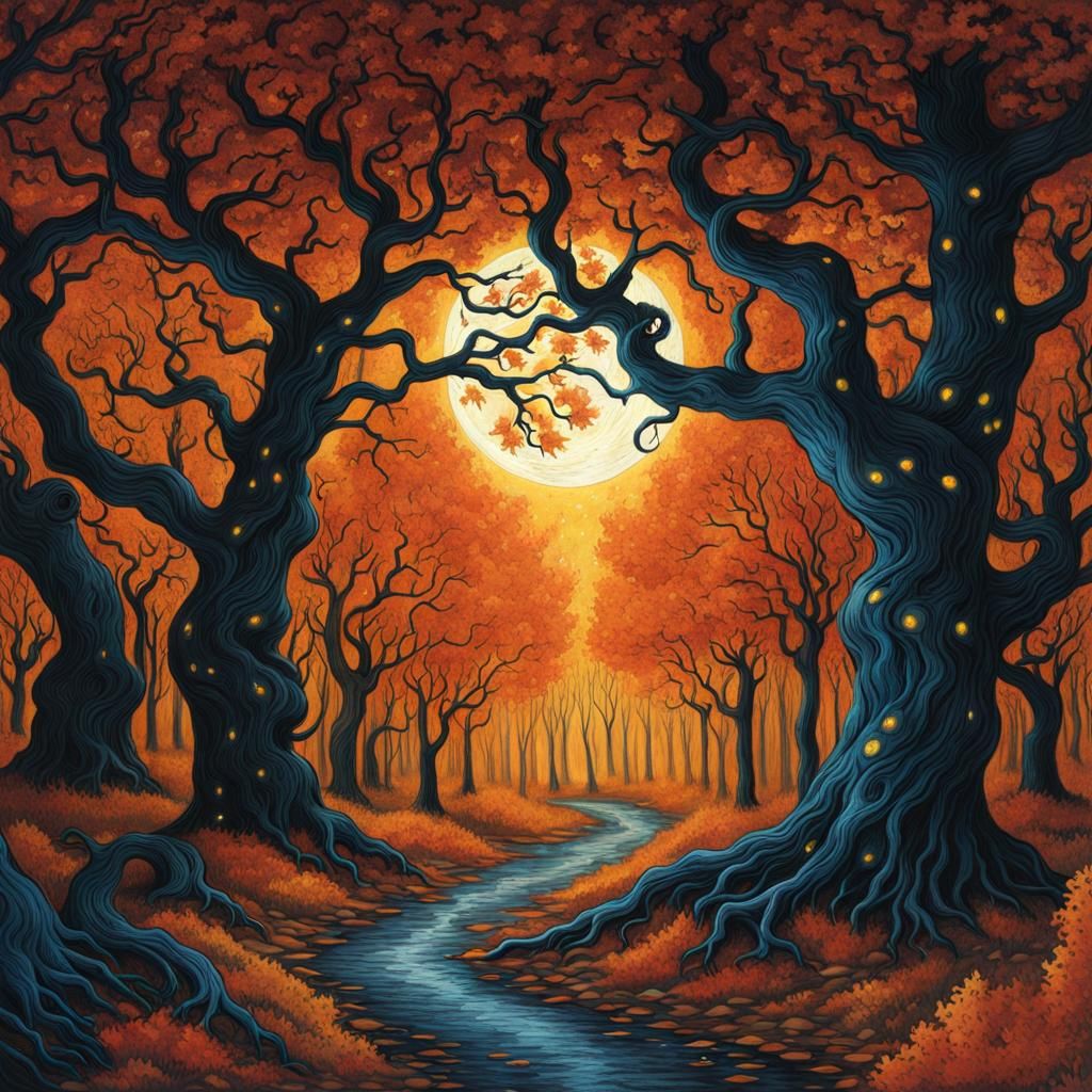 Eldritch Nightmare: Lovecraftian Beast in Starry Autumn