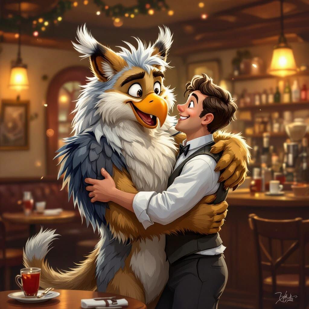 Gryphon Hugs Waiter in Whimsical Cafe Illustration