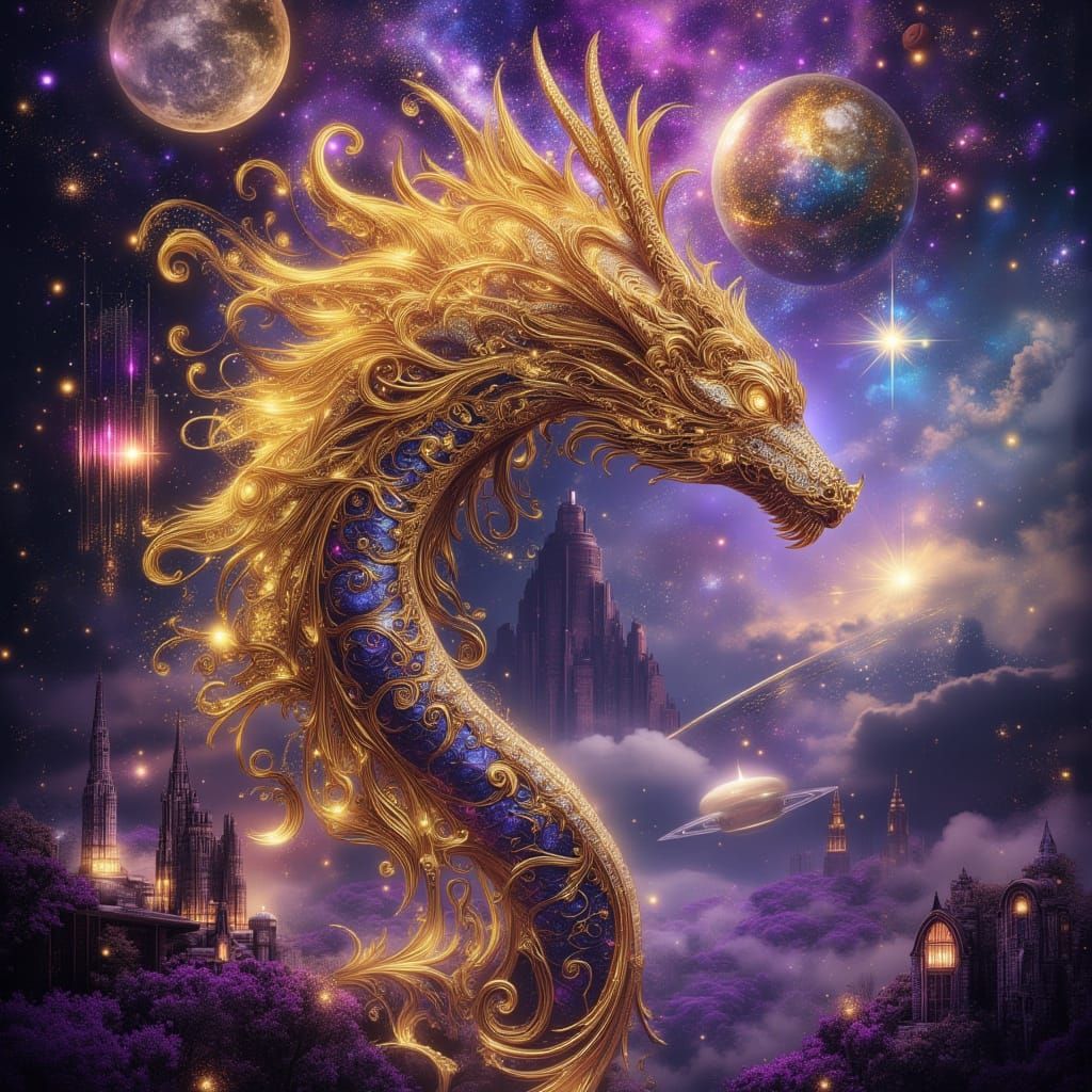 Jewel-Toned Dragon in Cosmic Surrealism