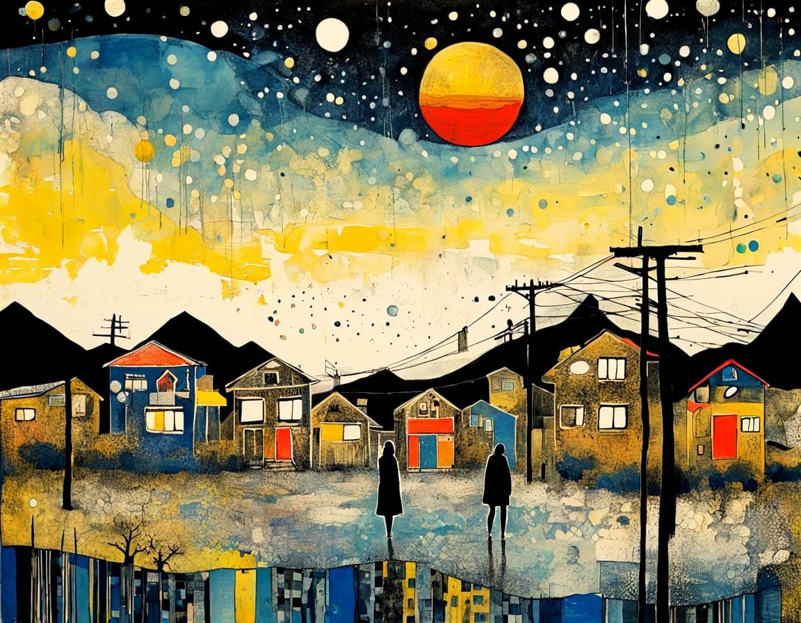 Surreal Ink Drawing of Merging Landscapes and Cityscapes